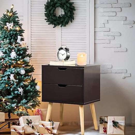 Image of Organizing Nightstand Solid Wood Legs Mid-Century Modern Bedside Table Practical and Simplistic End Side Table with Two Drawers (Brown)