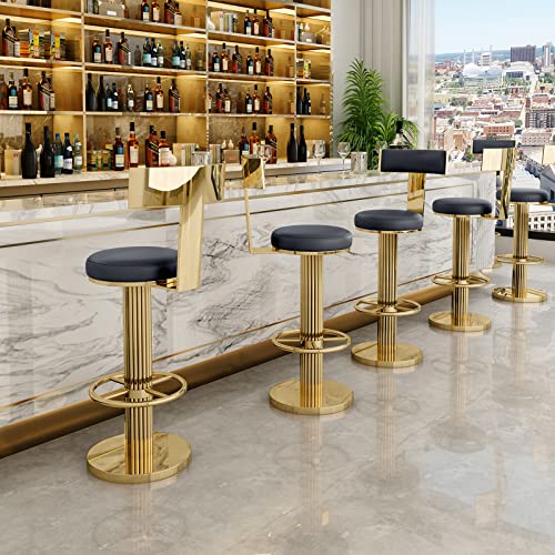 Image of FUNROLUX Adjustable Swivel Bar Stools Set 2 Kitchen Counter Height Stools | 360 Swivel, 25.6 inch-29.5 inch Adjustable, Leather Thick Cushion, Stainless Steel Frame, 350 lbs Capacity, Gold