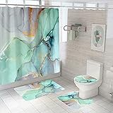Watercolor Abstract Shower Curtains Sets with Rugs, Green Jade Texture Stripes Colorful Ink Paint...