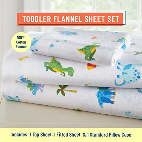 Wildkin Kids 100% Cotton Flannel Toddler Sheet Set For Boys & Girls, Bed Set Includes Top Sheet, Fitted Sheet, Pillow Case, Flannel Bed Sheets For Cozy Cuddles (Dinosaur Land) #TOP1