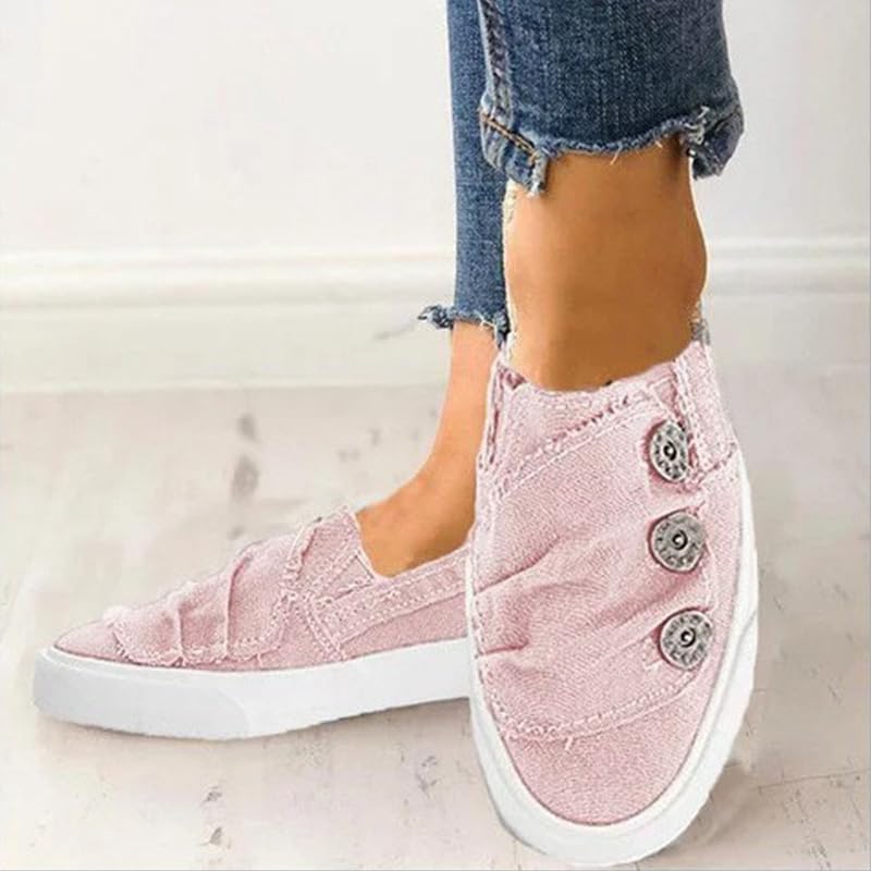 Women's Canvas Casual Buttons Flats Shoes Slip-on Round Toe Breathable Comfortable Lightweight Ballet Low Top Lazy Walking Shoes2
