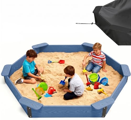 Hexagonal Outdoor Sandbox with Cover for Kids HDPE Large Sand Box | Sandpit w/6 Benches, for Aged 3-12 Years Old,Bottom Liner for Drainage Outdoor Patio Backyard Play Blue
