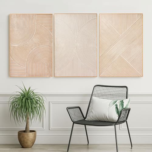 Image of Zessonic Large Textured 3D Wall Art Neutral Set of 3-24 inchx36 inch Hand-Painted Abstract Canvas Framed Paintings Brown for Living Room, Bedroom - Modern Minimalist Neutral Boho Decor