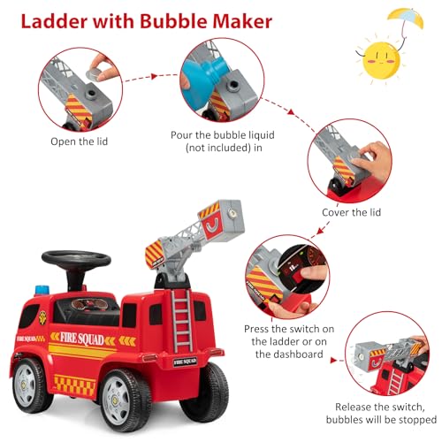 SOARS Rutschauto, Feuerwehrauto mit Seifenblasenpistole & Musik, Rutschfahrzeug mit Sirene & Warnleuchte, Kinderfahrzeug bis 20kg belastbar, für Kinder ab 1 Jahr (Stil A) – Bild 3