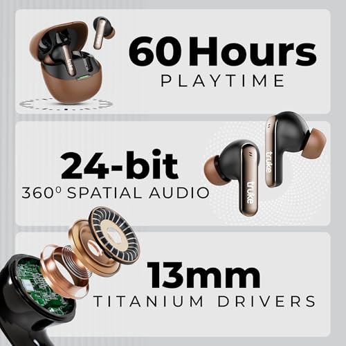 Image of truke [2025] Mega 7 True Wireless in-Ear Earbuds w / 24-Bit 360 Spatial Audio, 60H Playtime & Fast Charging Buds, Dual Pairing, 40ms Low Latency TWS, 4-Mic ENC, Made in India-(Coffee Brown)