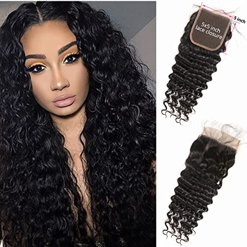Brazilian Deep Wave 5x5 Lace Closure 100% Unprocessed Human Virgin Hair Deep Curly Free Part Closure Pre-Plucked Hairlin