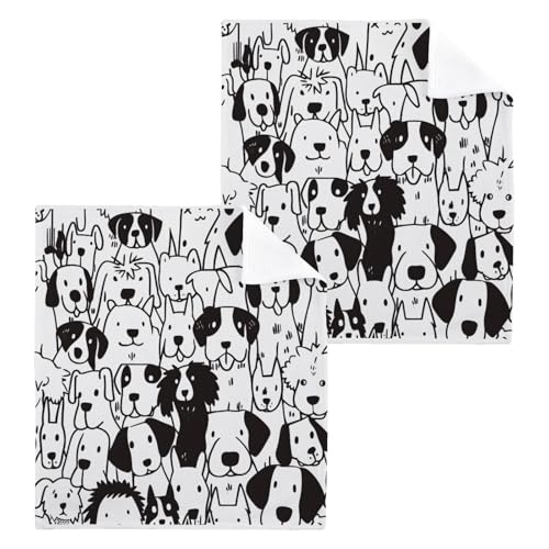 ALAZA Wash Cloth Set 100% Cotton Fingertip Towels Face Cloths Sets Doodle Dogs Line Art Highly Absorbent Soft Feel Set of 2