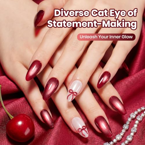 Image of Beetles Red Cat Eye Gel Nail Polish - Wine-Stained Cherry 15ML Magnetic Gel Polish 2 Cat Eye Effects White Glow & Ruby Glow Soak Off UV Glass Cat Eye Gel for Nail Art Salon DIY at Home