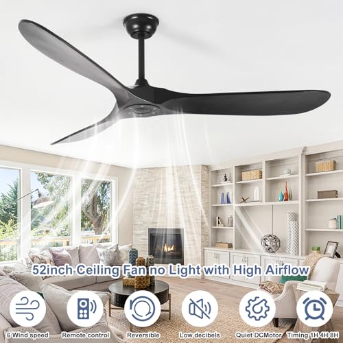 Image of 52'' Solid Wood Ceiling Fan without Light,Modern Black Ceiling Fans with Remote Control,Quiet and Reversible DC Motor,Outdoor Ceiling Fan for Garage,Porch,Living Room,Bedroom