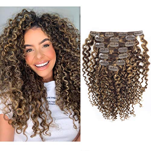 Lacerhair Curly Clip in Hair Extensions 18Inch Jerry Curly 3B 3C Human Hair Extensions Highlight Blonde For Black Women