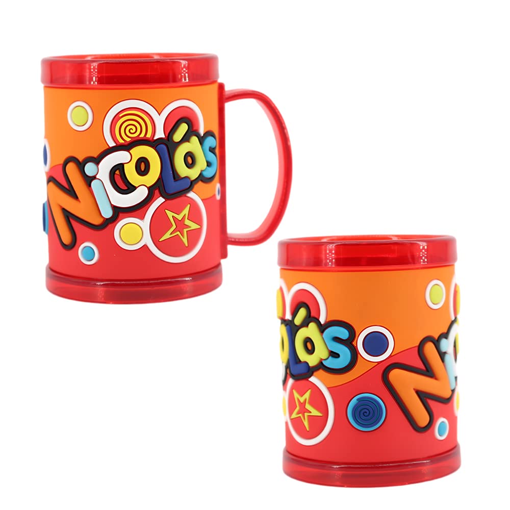 PLUS HOME Taza con nombre personalizado para niñ@,100% a prueba de fugas, sin BPA, 350 ml, para guardería, colegio, viajes y deporte (Nicolas)
