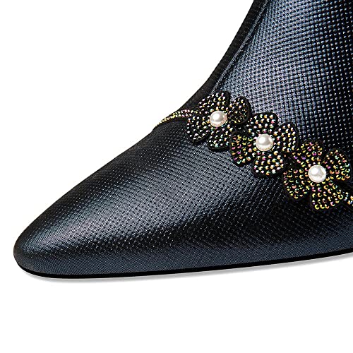 TinaCus Handmade Women's Genuine Leather Rhinestones Pearls Flowers Side Zipper Pointed Toe Mid Spool Heel Pumps Shoes3