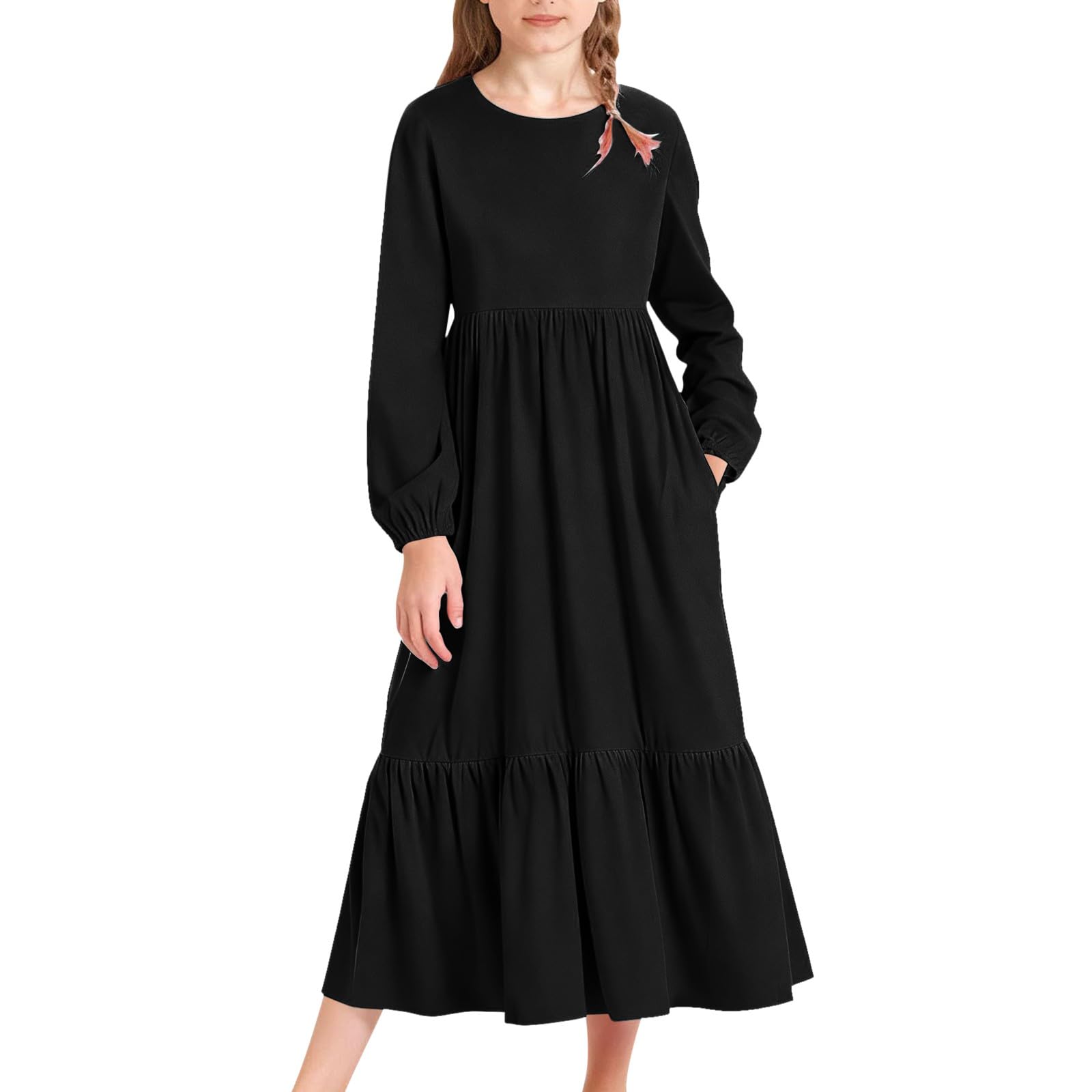 Vestido de manga larga para niñas, vestido casual de playa, primavera, verano, vacaciones, cuello redondo, escalonado, acampanado, maxivestidos con bolsillos