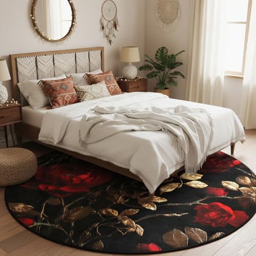 Tapete redondo vintage floral rojo y negro 182 cm miniatura 2