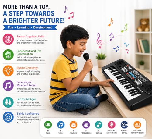 Image of 37-Key Electronic Piano Keyboard with Microphone - Portable Digital Keyboard for Kids, Students & Beginners | Electric Piano for Practice, Learning & Music Training