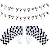 Hestya 40 Pieces Checkered Racing Flags with Plastic Sticks and 24.6 Feet Checkered Pennant Flags Banners for Birthday Race Themed Party Sport Events