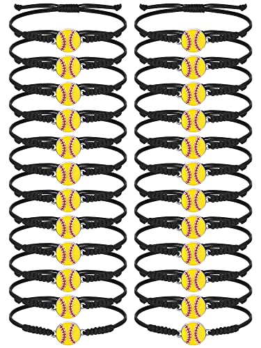 Rtteri 24 Pieces Softball Bracelets Adjustable Softball Charm Bracelet Softball Cord Braided Rope Bracelet with Charm Softball Gifts for Teams Most Sport Team Players