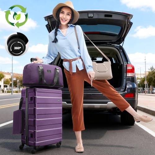 Image of Hoteel Luggage Sets 3 Piece, 4-Year Warranty, Carry-On Luggage with Dual-Spinner Wheels, ABS Hard Shell Suitcase with TSA Locks, 20 Inch Lightweight Luggages for Travel, Purple(20IN /DB /TB)