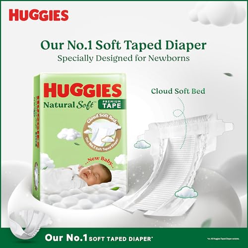 Image of Huggies Natural Soft Premium Tape Diapers Newborn /Extra Small (NB /XS) Size, Upto 5 kgs, 32 Count | Our No.1 Soft Taped Diaper with Cloud Soft Bed, designed for Newborns with Runny Poo Absorption