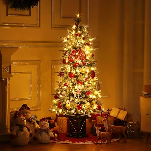 GAOMON 4.5ft Christmas Tree with 100 Multicolor Led Lights, Pre-Lit Snow Flocked Christmas Tree with X Shape Potted Base, Holiday Xmas Tree with Red Berries, Festival Decoration for Home, Entrances