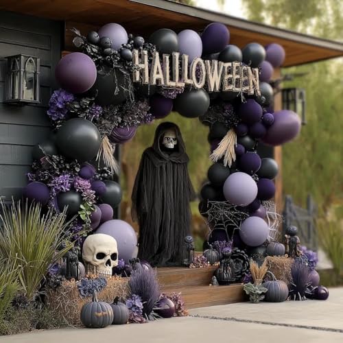 Image of Black Purple Balloon Arch Kit Double Stuffed Dark Purple Black Balloon Garland for Halloween Ghost Witch Birthday Baby Shower Anniversary Party Decorations