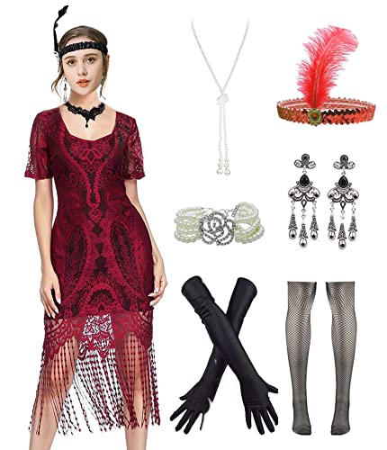 Image of Women 1920s Gatsby Flapper Dress Sexy Open Back Strap Fringed Cocktail Party Dress with 20s Accessories