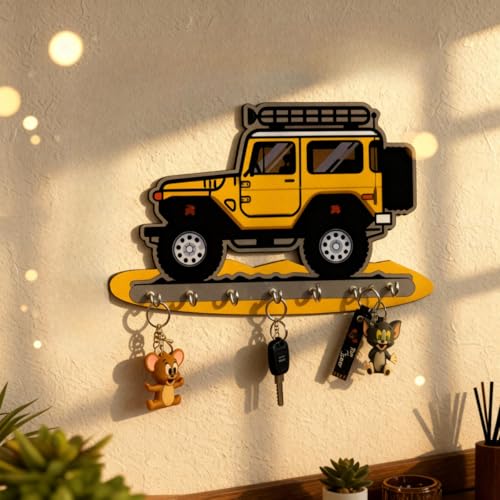 Image of Jeep Key Holder for Wall - Yellow Off‑Road Car Wooden Key Hanger with 7 Metal Hooks - MDF Wall Mounted Key Stand & Entryway Organizer for Kids Room and Home Decor Gift