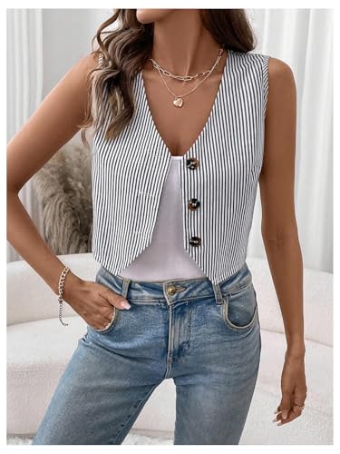 GORGLITTER Women's Linen Button Down Vest Top Sleeveless Waistcoat Business Casual Shirt3