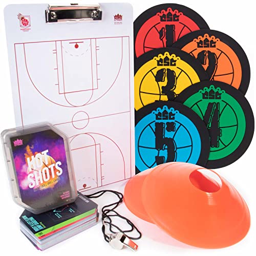 Hot Shots Basketball Coaching Essentials Bundle - Starter Kit Includes 64 Drill Cards, 5 Spot Markers, Coaching Clipboard, 12 Floor Cones & Pea Whistle with Lanyard - Sports Equipment for Coaches