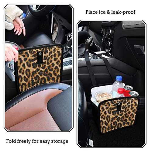Image of Vintage Brown Leopard Print Car Trash Can, Foldable Hanging Cheetah Trash Bag, Waterproof Animal Skin Small Car Accessories Garbage Bin
