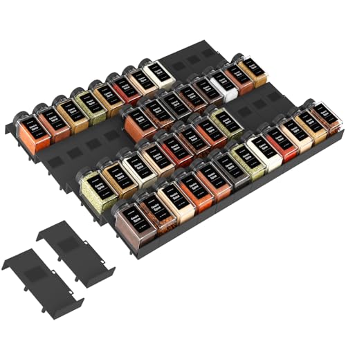 Famhap Gewürzregal Schublade 48 Stück, Verstellbarer Gewürz Organizer aus Kunststoff, Küchen Organizer für Gewürzgläser, Spice Rack für 5-240cm Schubladen Schwarz