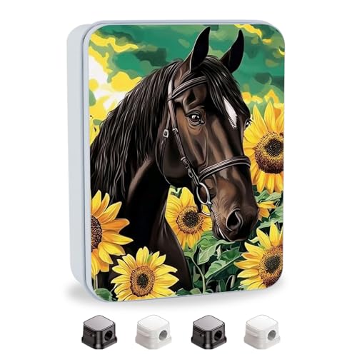 Image of Metal Tin Box with Lid for Game Cards Home Organizer Candles Keys Crafts Storage - Equipped with 4 Magnetic Cord Clips,Horses and Sunflowers
