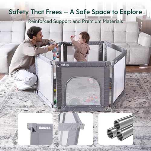 Image of Babelio Wall Mountable Playard, Foldable Playpen for Babies and Toddlers- Adjustable Shape & Area, 62 * 31 inch Playpen with Zipper Gate, Portable Baby Fence for Indoor & Outdoor