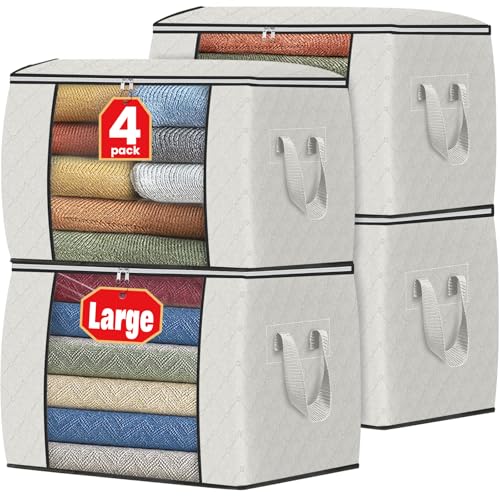Image of Fab totes 24 Gallons Clothes Storage, Foldable Thick Fabric Blanket Storage Bags, Containers for Organizing Bedroom, Closet, Clothing, Comforter, Organization with Handle (4 Pack,Ivory)