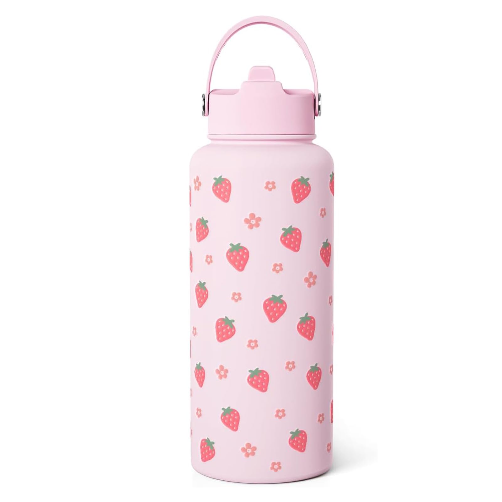 Bryxora Insulated Water Bottle 950ml with Straw Lid - 24 Hours Cold - Iced for 48 Hours - Leakproof - BPA Free - Easy to Carry - Vacuum Insulated Double Walled Stainless Steel Flask (Strawberry)