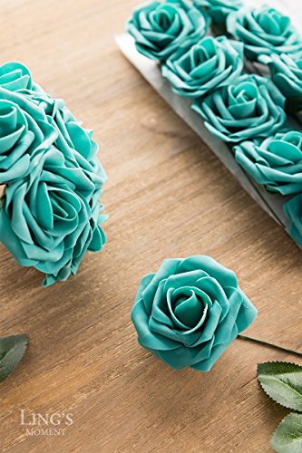 Ling's Moment Artificial Flowers 25Pcs Real Looking Teal Green Fake Roses W/Stem For Diy Wedding Bouquets Centerpieces Bridal Shower Party Home Decorations #TOP2
