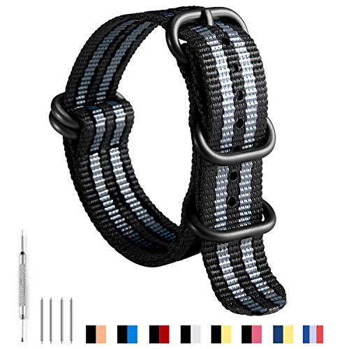 Image of BINLUN Premium Ballistic Nylon Watch Strap, Heavy Duty 5-Ring Replacement Watch Band with Stainless Steel Buckle, Comfortable Sport Band for Men Women, Fits 18-24mm