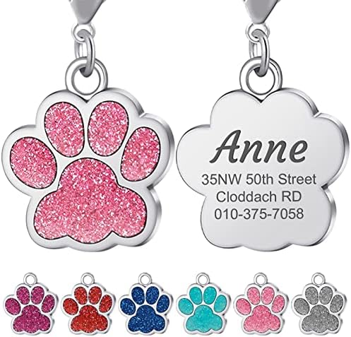 TEAYASON Personalised Dog Tag, Dog Tags for Pets Engraved, Custom Zinc Alloy Glitter Paw Print Name ID Tag for Dog Cat Pet(29x27mm Pink)