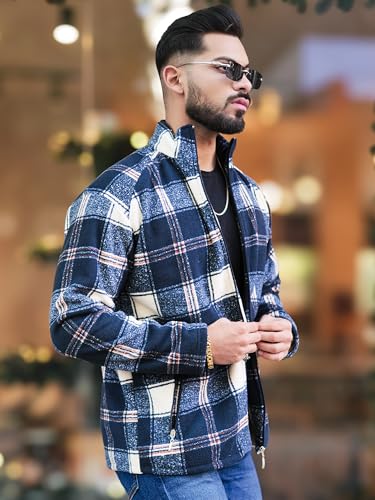 Image of Maniac Mens Checkered Full Zipper Fullsleeve Polyester Blend Fleece Shacket for Men
