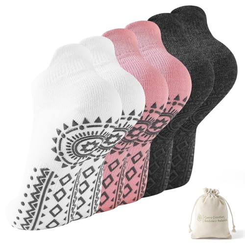 BISOUSOX Calcetines de Yoga con Bolsa Mujer Calcetines de Pilates Cortos Antideslizantes Transpirable Algodon Gimnasio Barra Fitness Regalo para Mujer Madre Embarazada 3 Pares