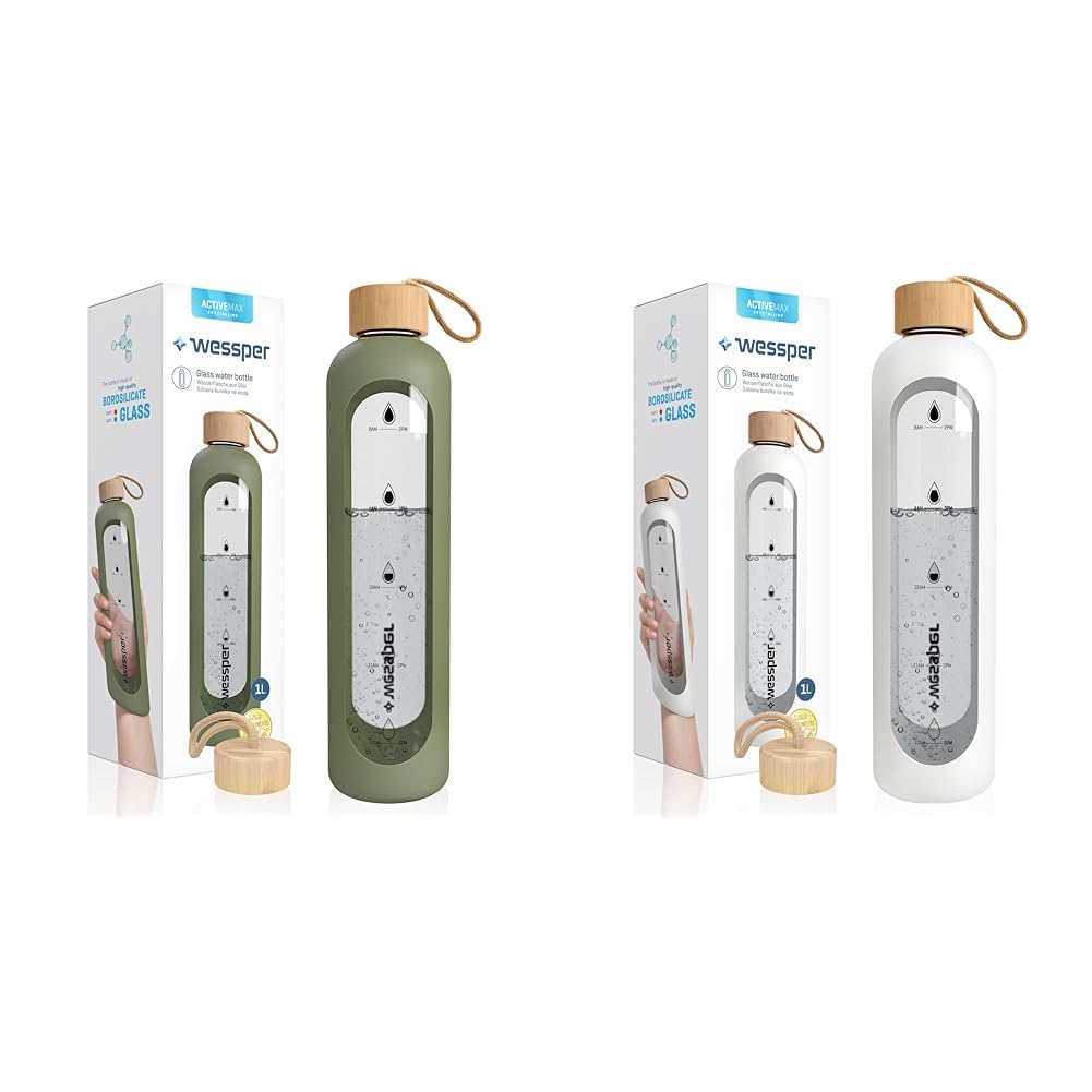 Wessper Bouteille d’eau 1L de Motivation en verre avec temps horaire, Sans BPA, Gourde en verre & Bouteille d’eau 1L de Motivation en verre avec temps horaire, Sans BPA