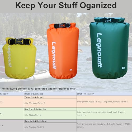 Legnowit Dry Bag, 3 Pack/5 Pack Waterproof Lightweight Small & Large Dry Sacks for Outdoor Camping, Backpacking, Kayaking, Boating, Travel and More by Legnowit - Image 3