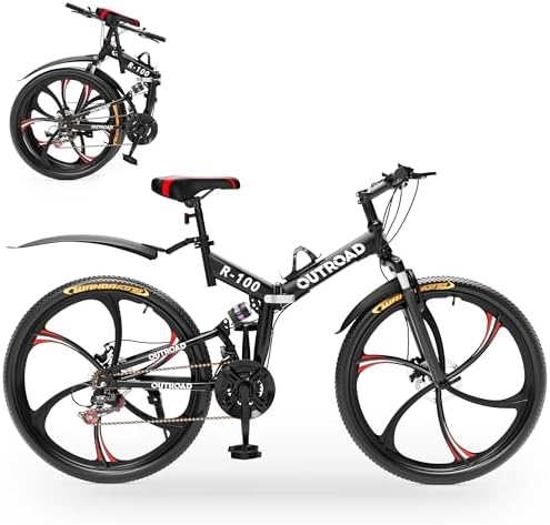 Outroad 26 Inch Folding Mountain Bike, 21 Speed Dual Disc Brake Non-Slip Folding Bikes, Full Suspension High-Carbon Steel MTB Foldable Bicycle for Adults/Men/Women, Black