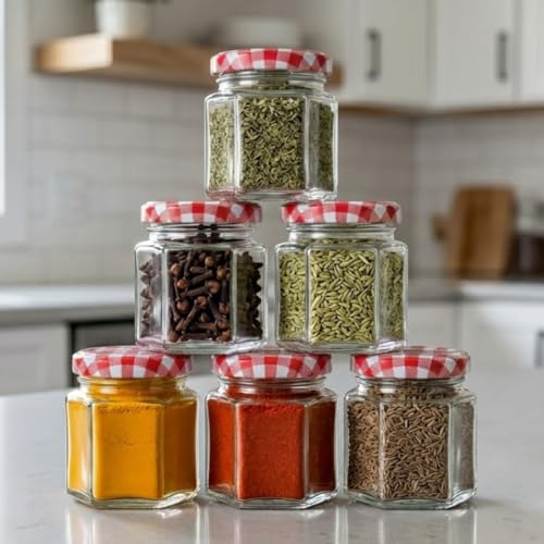 Image of Hexagonal 50 grams Airtight Glass Jar Containers for Honey, Spices & other Kitchen Items with Rust Proof Red Check Caps -Set of 06