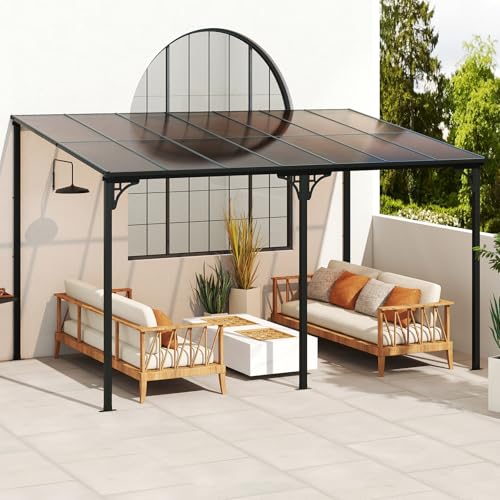 RELAX4LIFE Pergola Murale Esterna 305X400CM con Tetto Inclinato, Gazebo da Giardino con Tetto in Policarbonato, Struttura in Metallo, Tenda da Sole Impermeabile per Patio, Terrazza, Portico, Cortile