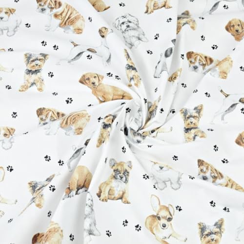 Textrend Baumwollstoff Meterware - Stoff zum Nähen - 100% Baumwolle - Textilien 1x1.6m - Stoffe Meterware - Katzen und Hunde Muster (Beige und weiße Hunde auf weißem Hintergrund)