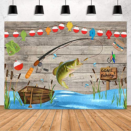 Avezano 8x6ft Rustic Wood Gone Fishing Backdrop for Birthday Party O Fish Ally Kids Baby Shower Photography Background Retirement Fisherman Party Banner Decor Supplies