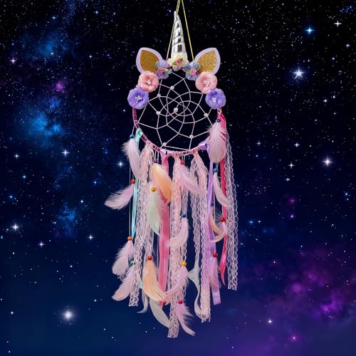 ALMLWIAJ Einorn Tragenringe Traumfänger Lila mit Federn, Spiritualle Traumdecker für Guten Schlaf, Schutz & Positive Energie, Deko fürs Schlafzimmer Wohnzimmer Jugendzimmer Mädchenzimmer