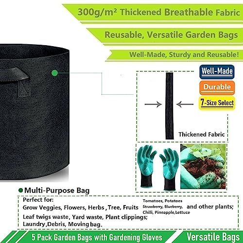 5-Pack 15 Gallon Plant Grow Bag Heavy Duty (20X12 Inch) Thickened Fabric Plant Pot For Tomato,Potato Planter Bag,Herbs Veggies Planter,Flower Pot,Garden Pot,Barrel Planter,Garden Container With Gloves #TOP5