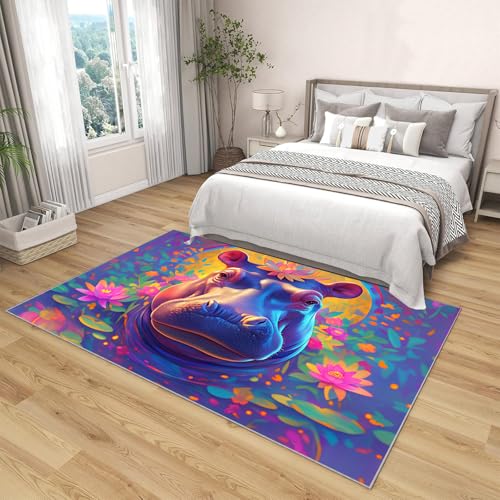 Tapis lavable antidérapant bleu et violet visage hippopotame